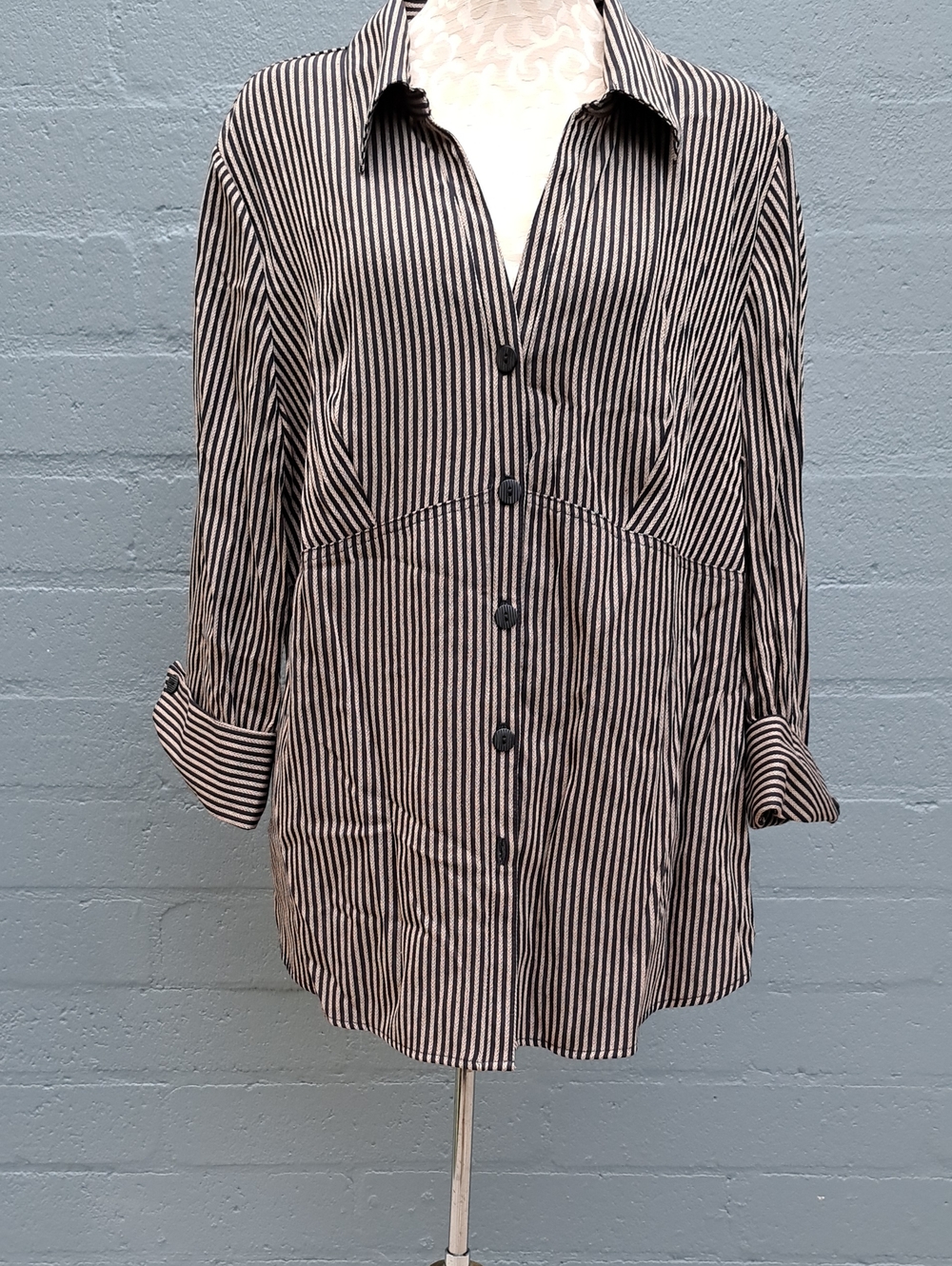 Black and Cream Vertical Stripe Button-Up Shirt